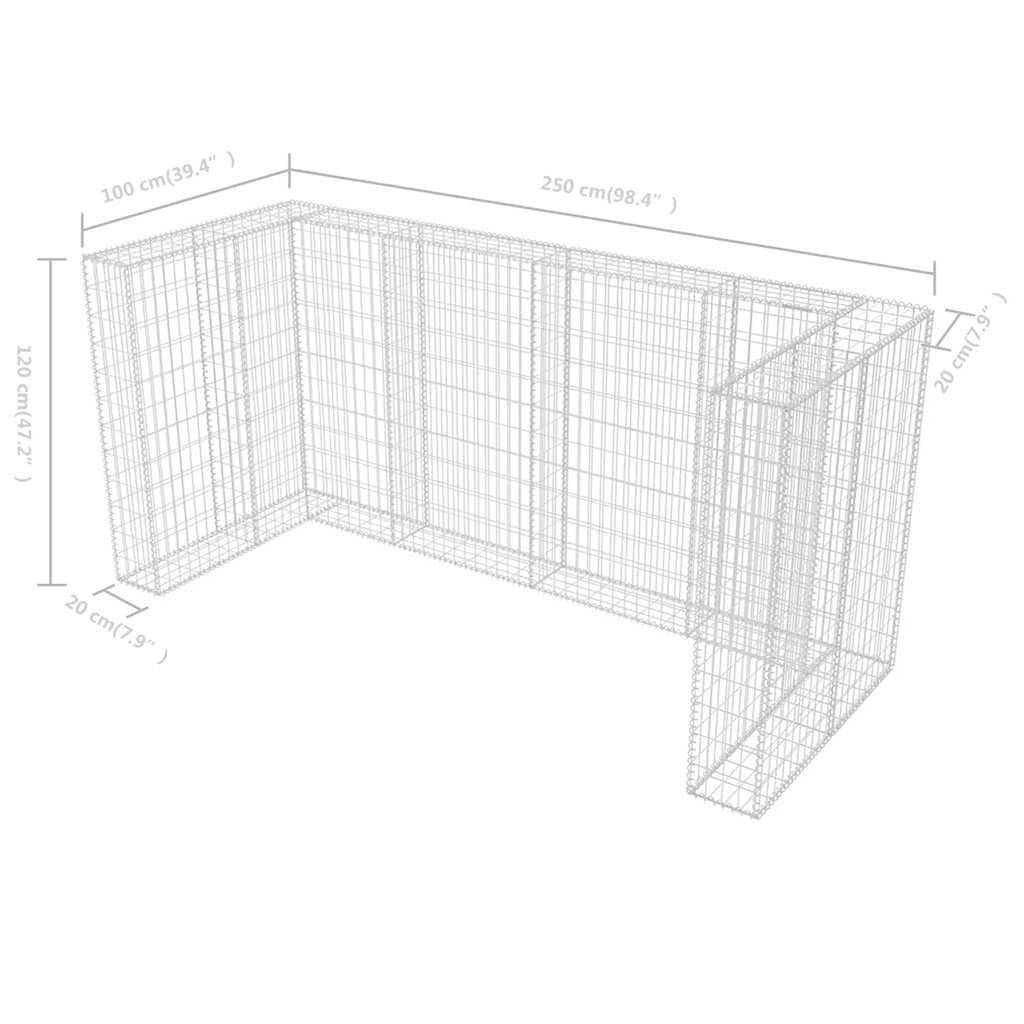 Gabionen-Mülltonnenverkleidung aus verzinktem Stahl für 3 Mülltonnen 250 x 100 x 120 cm, Mülltonnenbox für Garten und Vorgarten mit wetterfester Abdeckung