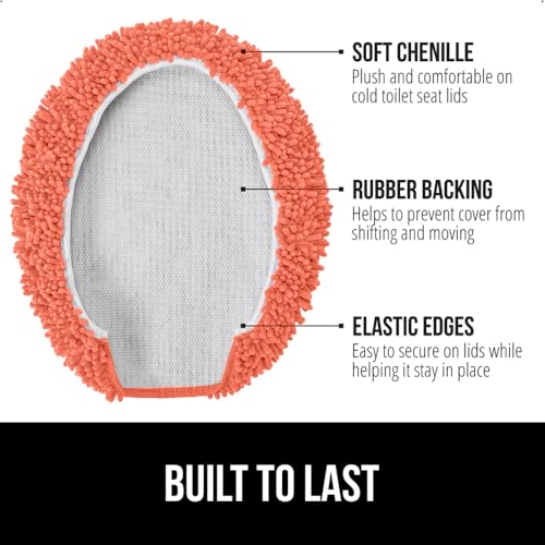 Image of Gorilla Grip Soft Chenille Bathroom Toilet Lid Cover, Machine Washable Seat Covers, 19.5x18.5, Stays in Place Rubber Backing, Fits Most Round, Elongated and Oblong Lids, Accessories Decor, Coral