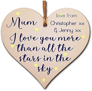 Personalised Handmade Wooden Hanging Heart Plaque for Mum loving thoughtful special keepsake Mum love you more than the stars in the sky card alternative from daughter son kids