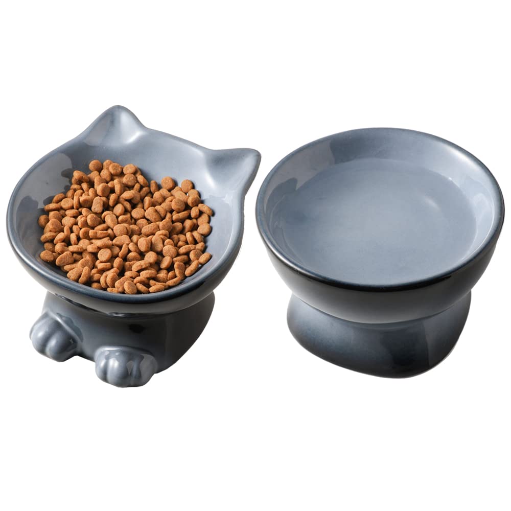 Nihow Ceramic Raised Cat & Dog Bowls: 5 Inch Elegant Gray (2 PC), Protecting Pet's Spine, Feeding & Watering Supplies, Modern Design, Anti Vomiting, Whisker Friendly