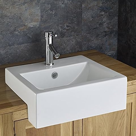 Clickbasin Large Rectangle Semi Recessed Washbasin | Space Saving Design | Sits on The Edge of The Counter Top | White Ceramic Sink with Overflow | 500mm x 460mm Santana Cover