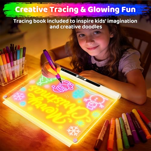 Image of Geokay 16 inch Rechargeable LED Drawing Board, 9-Color Light Modes with Timer & Built-in Stand, Neon Glow Up Dry Erase Doodle Note Pad, Sketching Gift Toy for Kids /Girls /Teens, 6 Markers & Tracing Book