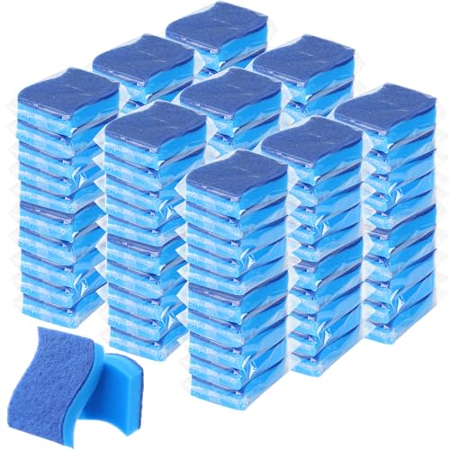 Tioncy 90 Pcs Individually Wrapped Sponge Bulk Non Scratch Scrub Kitchen Cleaning Sponges Blue Dual-Sided Dish Scrubber Cleans Fast Without Scratching for Washing Dishes and Cleaning Kitchen