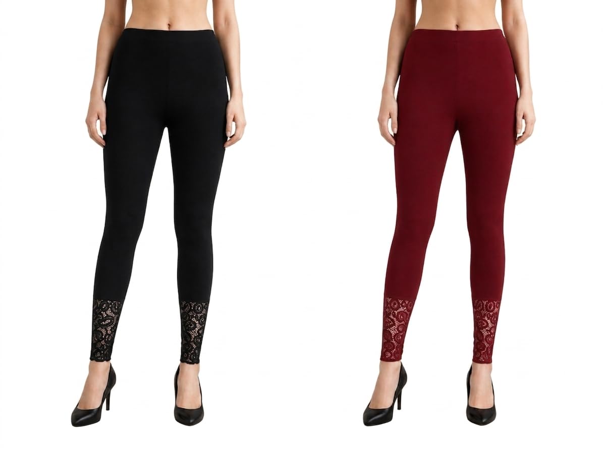 Women's Cotton Lycra Ankle Length Leggings with Bottom Lace Design | Premium Stretchable Leggings for Girls | Pack of 2 (Black, Maroon)-image-23