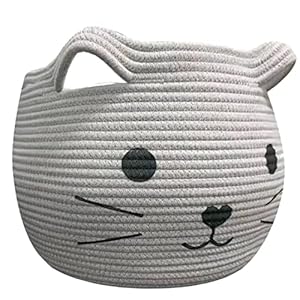 W Design Cat Toy Basket , Baby Woven Laundry Bag , Round Cat Cute Cotton Rope Basket For Pet, Kids, Blankets, Towels…