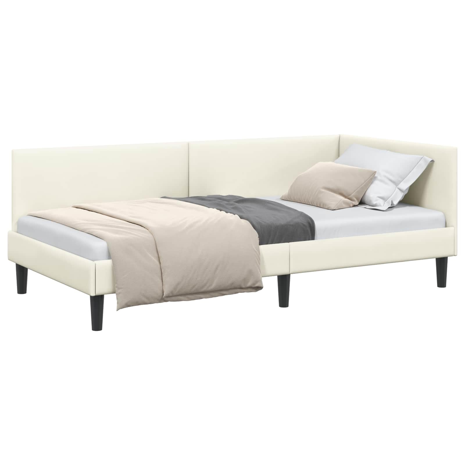 Telaio per letto angolare con testiera color crema, 100 x 200 cm, a forma di L, salvaspazio come divano o letto, design moderno, robusto telaio in legno per camera dei ragazzi, camera degli