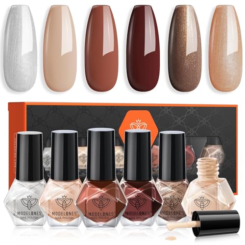 modelones Brown Nail Polish Set 6 Colors, Fall Winter Nude Silver...