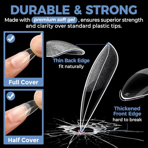 Image of UNA GELLA Medium Stiletto Gel Nail Tips Full Cover 216Pcs Almond Shape Nails Tips Stiletto Pre etched Soft Gel Nails Clear Fake False Nail Tip For Home Art Salon 12 Sizes