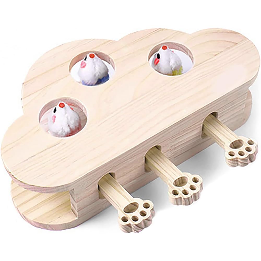 TOMVAES Cat Toys, Whack A Mole Solid Wood Box Interactive Cat Toys for Indoor Cats Kitten Dog Puppy Pet Puzzle Play Fun Catch Mice Game, 3Hole/Wooden