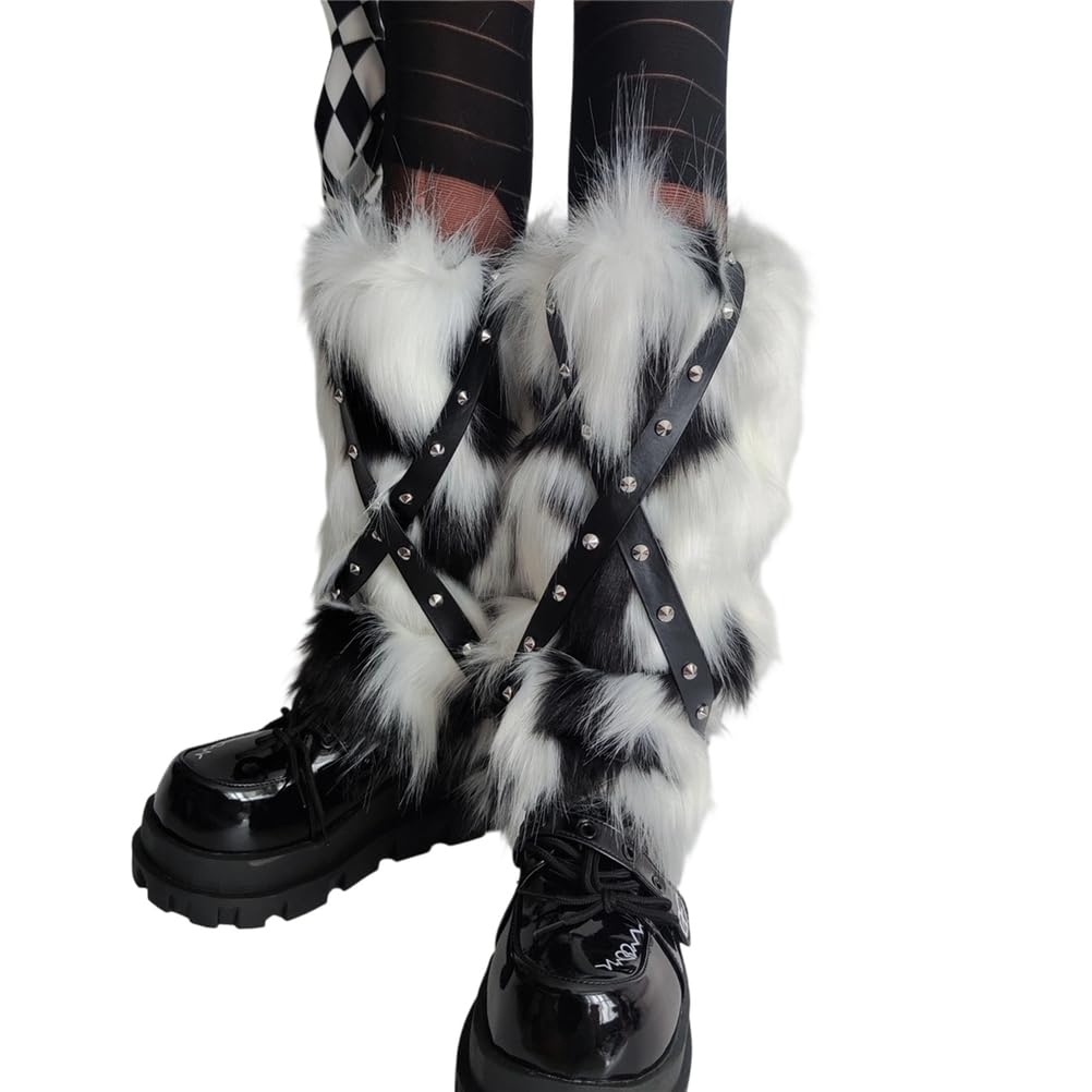 Women Faux Fur Fluffy Leg Warmers Rivet Contrasting Colors Y2k Warm Fuzzy Winter Boot Cuff Covers