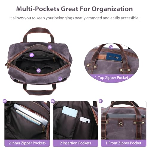 Large Capacity Waterproof Waxed Canvas & Genuine Leather Travel Duffel Bag,TSA Friendly - Grey3