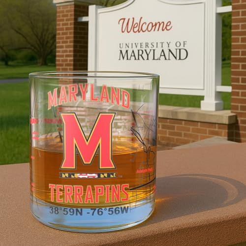 Image of Greenline Goods University of Maryland Terrapins Whiskey Glasses Set of 2, 10 oz Rocks Glasses with Full-Color Logo & Campus Map - Officially Licensed Bourbon Glass Gift for Alumni & Fans