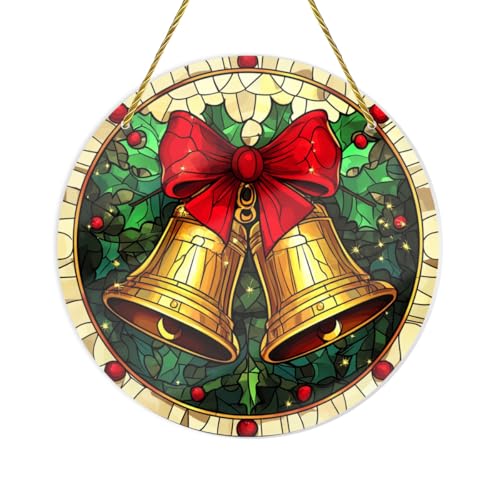 Vextrovia Stained Glass Effect Holiday Decor, Antique Bell Acrylic Art, 6x6 Inch Circular Christmas Wall Hanging, Easy Install Hook for Fireplace Mantel & Porch, Make The Home Lively