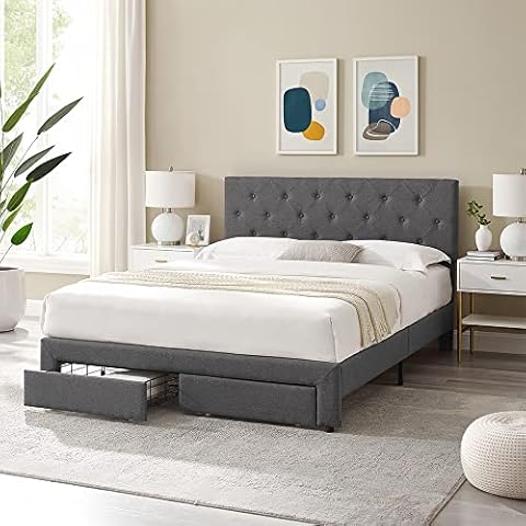 GOOD & GRACIOUS Dark Grey Queen Size Bed Frame, Platform Bed with Upholstered & Tufted Headboard and Frame with Storage Drawers Cover