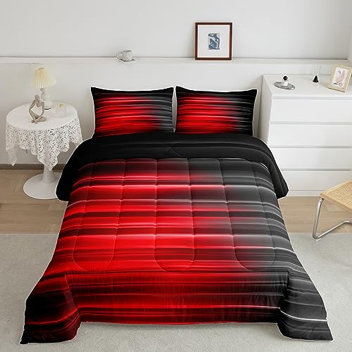 Image of Feelyou Red and Grey Bedding Set Twin, Ombre Gradient Lines Comforter Set for Boys Girls Geometric Abstract Ombre Comforter Stripes Duvet Set 2Pcs