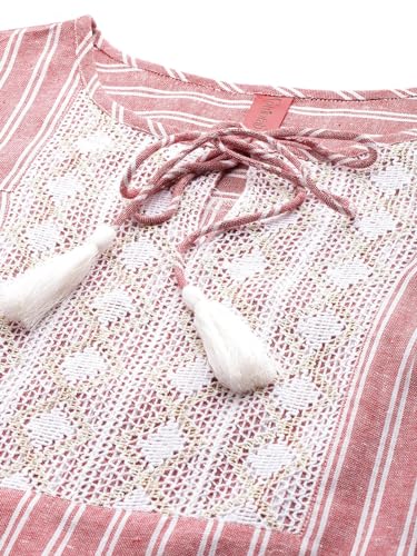 Image of Cottinfab Women Striped Red & White Front Tie-Up Top with Trousers Co-ord Set