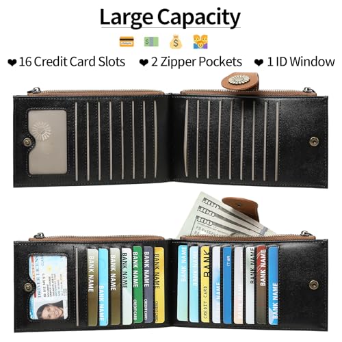 SENDEFN Thin Wallet Women Leather Bifold Credit Card Case Holder RFID Blocking 2 Zipper Pockets Purse3