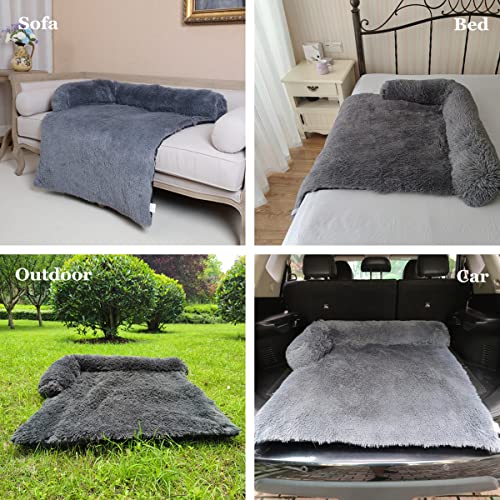 Coohom Calming Dog Bed Pet Couch Protector Dog Cat Bed Mats For Furniture With Removable Washable Cover,Plush Sofa Cover Cushion With Soft Neck Bolster (X-Large 45", Grey) #TOP5