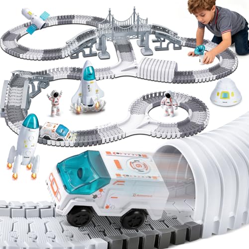 Charmofun Pista de Coches Niños Espacial, Pista de Carreras con Camión Electrico, Cohete y Astronauta, Flexible Pista de Coches Autopista Juguete para Regalos Niños 3+ Años (Espacio)