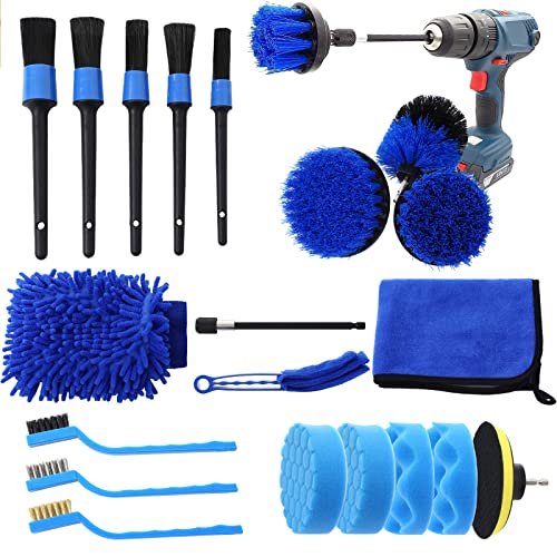 ZHOUYIYI 21 Pcs Car Cleaning Tools Kit with Car Detailing Brush Set, Drill Brush Set, Car Buffing Sponge Pads Kit Wire Brushes Air Vent Brushes Towel Wash Mitt Auto Detailing Drill Brush Set