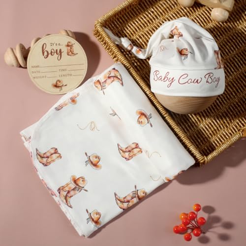 Image of Ylsteed Baby Swaddle Blanket and Headband Set, Newborn Receiving Blanket Swaddle Wrap for Girls and Boys, Swaddling Blankets Neutral for Newborn, Soft and Skin-Friendly 32 * 32 inches (Cowboy)