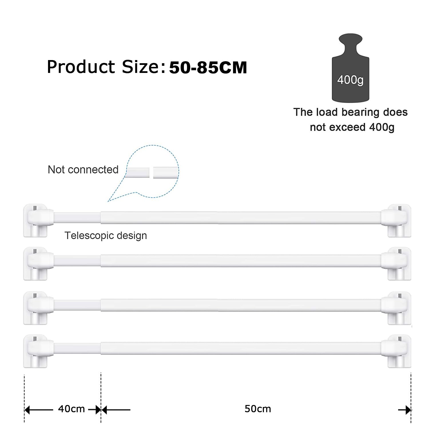 Tringles à Rideaux Extensibles Banjili – Lot De 2, 80-140 Cm, Avec Crochets Adhésifs, Sans Perçage