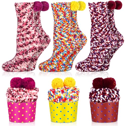Vleuexe Calcetines Termicos,3 pcs Divertidos Calcetines Tartas,Calcetines Invierno Mujer,Suaves Cómodos DIY Diseño de Magdalenas,Suaves Cómodos,Cumpleaños,calcetines Coloridos(36-42)