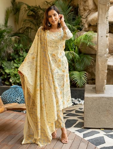 Image of MIRCHI FASHION Pure Cotton Floral Kurta Set for Women with Dupatta & Pant | 3 Piece Straight Fit Ethnic Outfit | Breathable Summer Salwar Suit