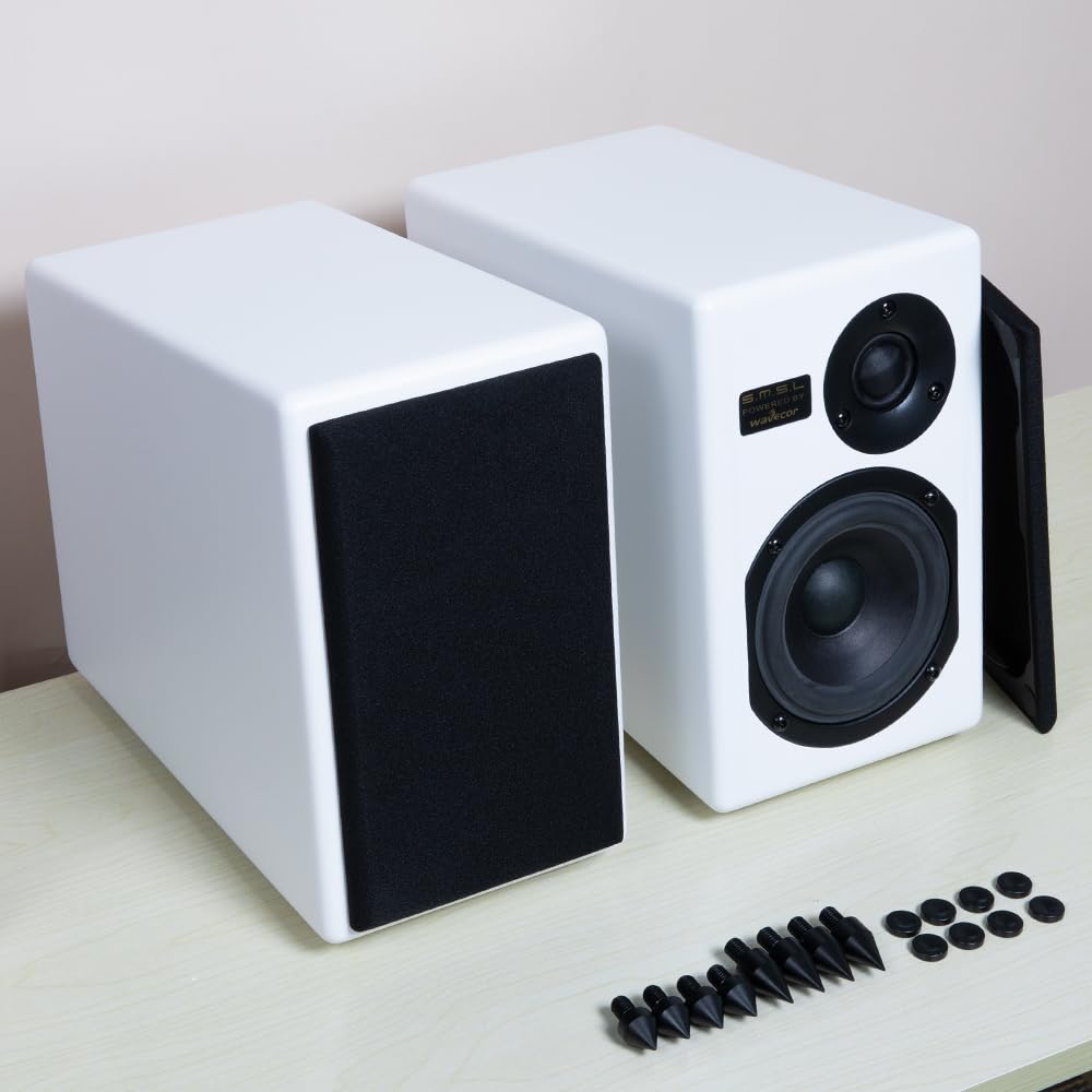Bookshelf Speakers Passive Tabebuia Speaker System,Custom Wavecor Drivers,100W Per Channel,56Hz-32kHz Response, Wall-Distance Adjustable with Spikes(Pair) (White)