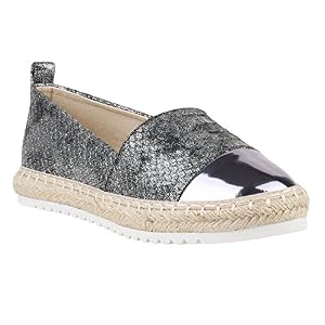 stiefelparadies Damen Espadrilles Metallic SlipperBast Profilsohle Flats Freizeit Glitzer Prints Spitze Schuhe 142158 Schwarz Snake 40 Flandell