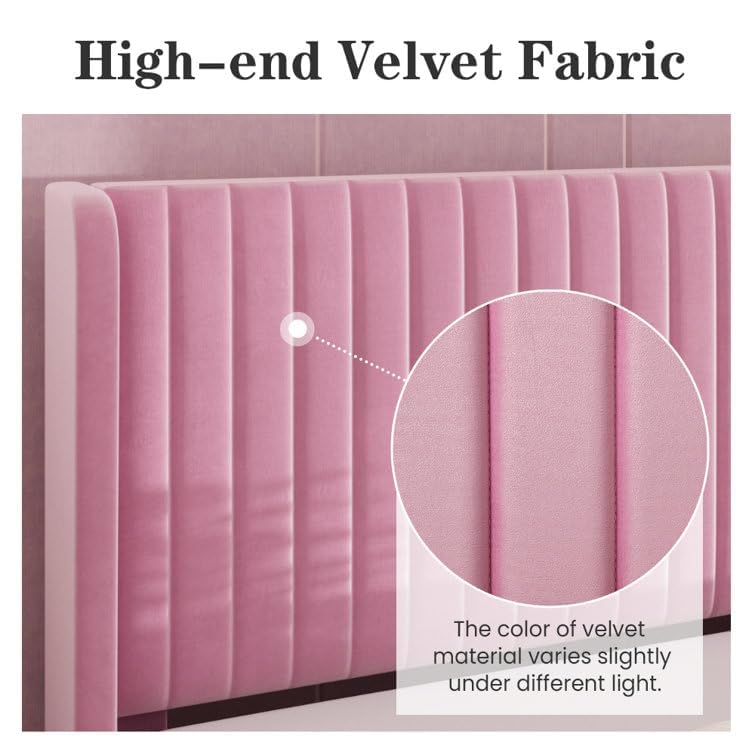 Image of HITHOS Solid Wood Modern Upholstered Queen Size Bed | Wooden Double Bed Cot Palang Furture Without Storage | Wingback Headboard (Pink)