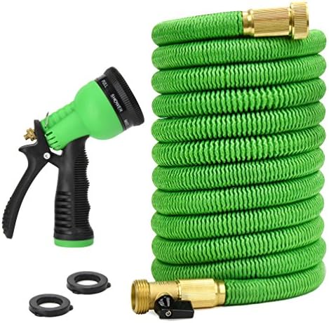 Glayko Tm 25 Feet Expandable Garden Hose - NEW 2017 Super Strong Construction- Strong Webbing -Solid Brass End + 8 Function Spray Nozzle and Shut-off Valve, Green