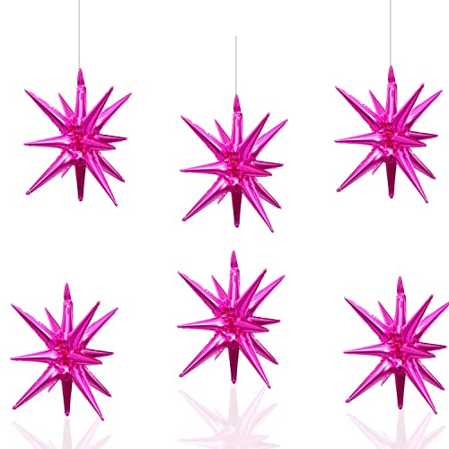 6 Pcs Rose Red Star Foil Balloons One-Piece 14-Pointed Star Balloon 4D Starburst Cone Mylar Balloon 22inch Christmas Birthday Wedding Wedding Anniversary Party Supplies(Rose Red)