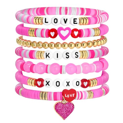 Image of yfstyle Valentines Bracelets Gifts for Women Red Heart Love Bracelet Stretch Clay Beads Surfer Heishi Bracelets Set Valentines Accessories Gifts Pink