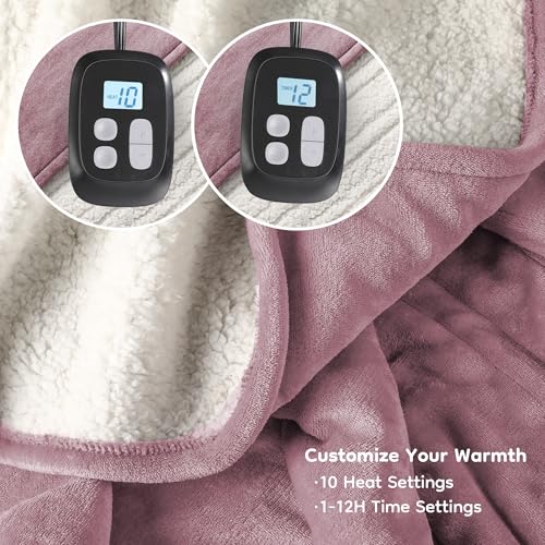 LaffyLo Electric Heated Blanket King Size 90 x 100, Dual Control, Fast Heating Blanket, Dual-Sided Flannel Sherpa, 10 Heat Settings, 1-12 Hour Auto Off, Machine Washable, Purple — view 3