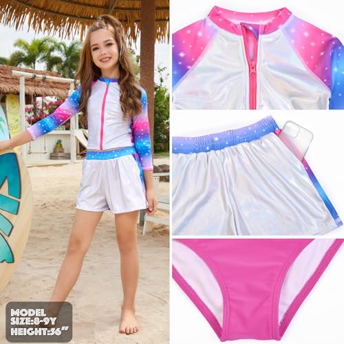 Jxstar Girls 3 Piece Rash Guard Sets Summer Swimsuit Long Sleeve Bathing Suit for 3-12 Years4