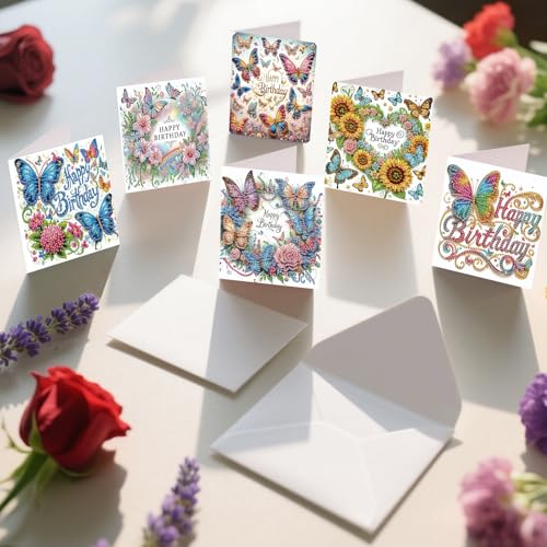 Image of 6 Pack Diamond Art Greeting Cards with Envelopes, DIY 5D Diamond Painting Birthday Card Kit with Butterflies and Flowers, 30x15cm Handmade Special Shaped Rhinestone Craft for Holiday and Birthday
