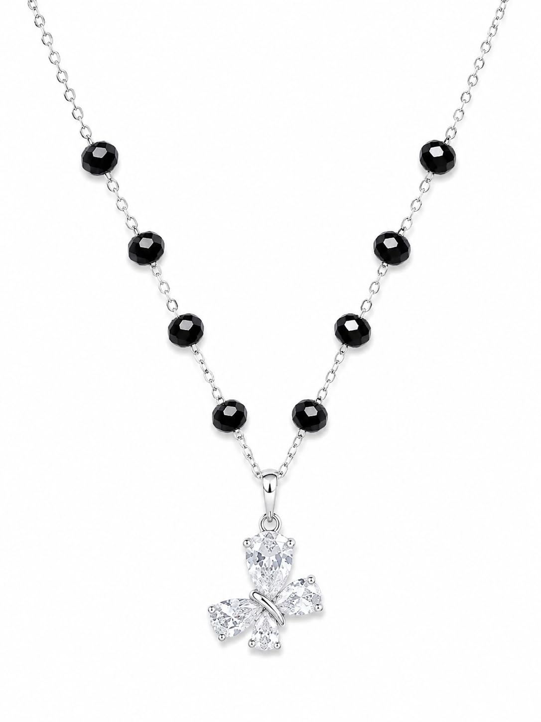 925 Sterling Silver Cupid Butterfly Charm Mangalsutra for Women | Rhodium-Plated Silver Chain with Black Beads & Zircon Pear-Cut Butterfly Pendant | Elegant Romantic Traditional Necklace-image-41