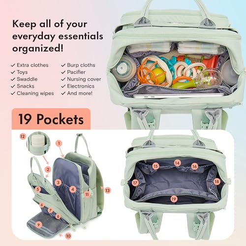 Image of Dikaslon Diaper Bag Backpack with Portable Changing Pad, Pacifier Case and Stroller Straps, Large Unisex Baby Bags for Boys Girls, Multipurpose Travel Back Pack for Moms Dads, Mint Green
