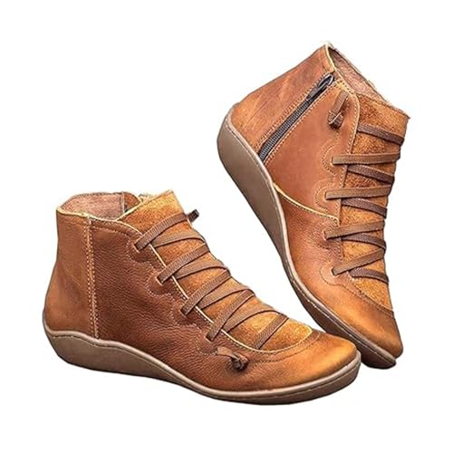 Women's Vintage Casual Short Ankle Boots, 2025 Fall Boot Retro PU Leather Low Heel Flat Cowboy Boots Arch Support Booties Comfortable Slip on Shoes for Women Spring Autumn Winter