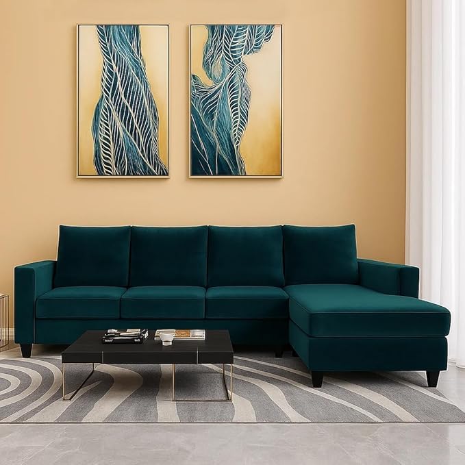 Velvet Teal Green | Roscoe 5 Seater Fabric L Shape Sofa Set (Teal) 201D x 83.8W x 137.2H Cm (RHS)-image-48