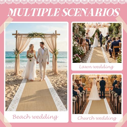 Image of 30Ftx36 in Natural Burlap Wedding Aisle Runner, Jute Weddings Runway Carpet | Rustic Ceremony Burlap Carpet Roll, Runway Carpet with Lace for Beach Garden Church Reception Craft Decoration