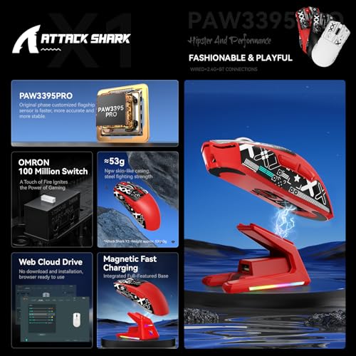 Image of MAMBASNAKE Attack Shark X1 Wireless Gaming Mouse with RGB Charging Dock,PAW3395 PRO Sensor 40K DPI,1KHz Polling Rate 53g Superlight Tri-Mode Computer Mice,5 Programmable Buttons for Win /MAC-Red&Tape