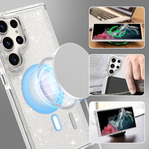Image of Magnetic Case for Samsung Galaxy S22 Ultra [Compatible with Magsafe] [Bling Glitter Fluorescent Design] [1 Screen Protector] Slim Translucent Matte Case for Galaxy S22 Ultra 6.8 inch, White