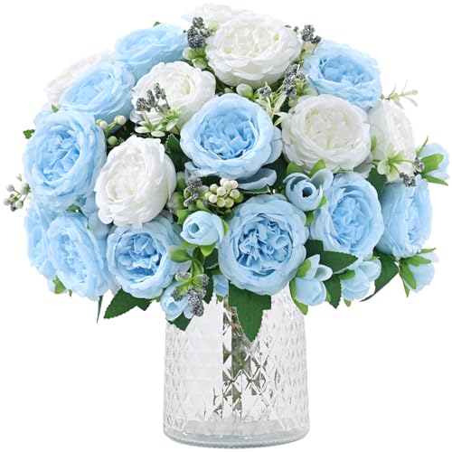 MARTINE MALL 2 Packs Peonies Artificial Flowers, Mixed White Blue Artificial Peonies, Silk Peonies Flowers Fake Peonies Artificial Peony Flowers for Centerpiece Table Wedding Party Home Decor