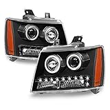 ACANII - For Black 2007-2013 Chevy Suburban Tahoe Avalanche LED DRL Halo Projector Headlights Driver + Passenger Side