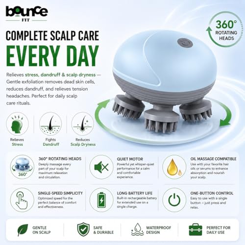 Image of Bouncefit AS-701 Portable Handheld Electric Scalp Massager | Scalp Massager for Pain Relief, Blood Circulation, Hair Growth support, Stress Relief, Relaxation | Long Battery Life | USB Type C Rechargable | Multicolour (A1-203)