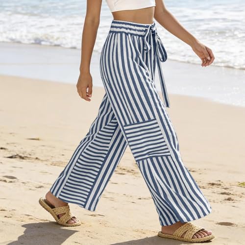Striped Linen Pants Women Boho Beach Harem Elastic Waist Drawstring Pants with Pockets Casual Flowy Wide Leg Palazzo Summer Pant for Women Lightweight Gaucho Stripe Pant Trousers Petite Culottes by Gumipy - Used condition - Image 3