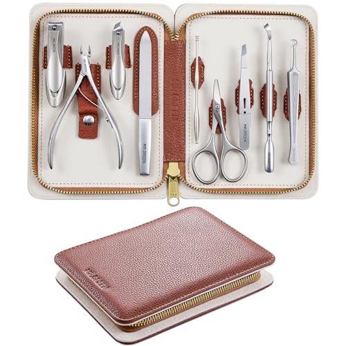 MR.GREEN 9-in-1 Manicure & Pedicure Set Professional German Stainless Steel Nail Clippers Grooming Kit with Splash-Proof Nail Clipper & Genuine Leather Travel Case (Cognac Brown)