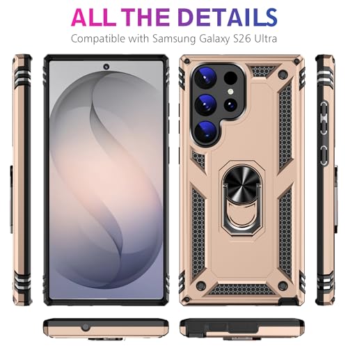 Image of for Samsung Galaxy S26 Ultra Case with Screen Protector, Heavy Duty Military Grade Shockproof Rugged Protective Cover for Samsung S26 Ultra Phone Case with Metal Ring Magnetic Kickstand (Gold)